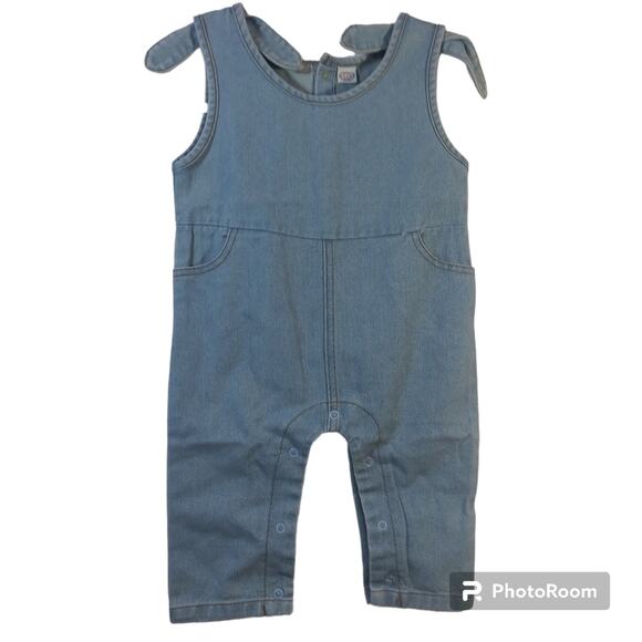 Baby Girls Denim Romper Solid Color Sleeveless Tie Knot Shoulder Jumpsuits - Picture 1 of 6